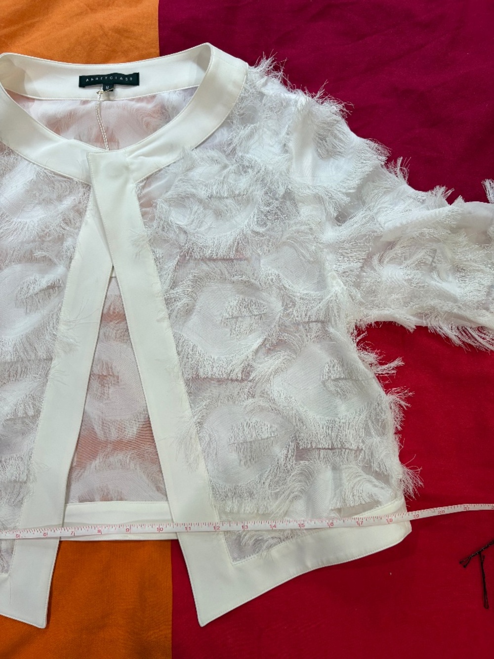 NWT Abbey Glass White Fringe Sheer Cropped Jacket Zip Cuff Open Front Sz. M